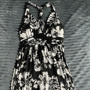 Floral B&W Halter Dress w/ Gold Accents